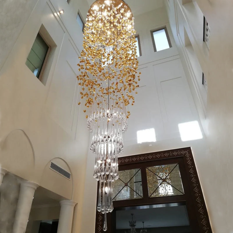Modern Waterfall Glass Gem Stone & Teardrop Chandelier with Round Canopy – High-Quality Glass and Metal Finish for Villa, Hotel, Entryway, Living Room