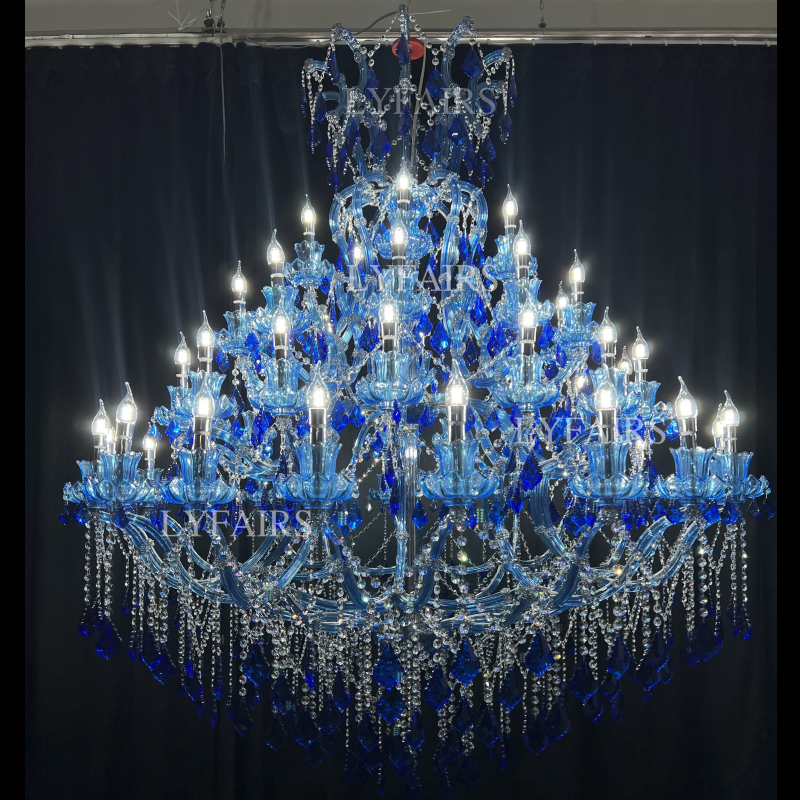 Ocean Blue K9 Crystal Candle Chandelier with Metal Finish for Staircase Foyer Entryway