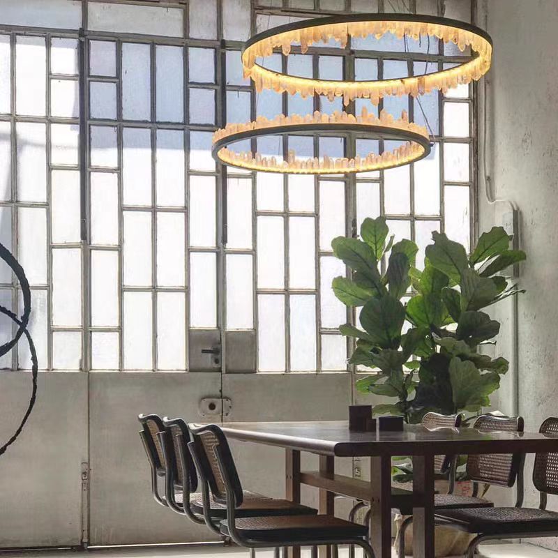 Modern Round Chandelier with Brass/Black Finish and Natural Quartz Crystals