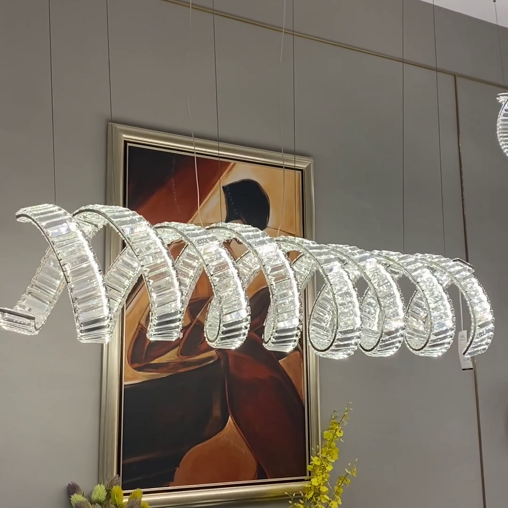 Luxury Stainless Steel Linear Spiral Crystal Chandelier for Dining Room and Kitchen Island