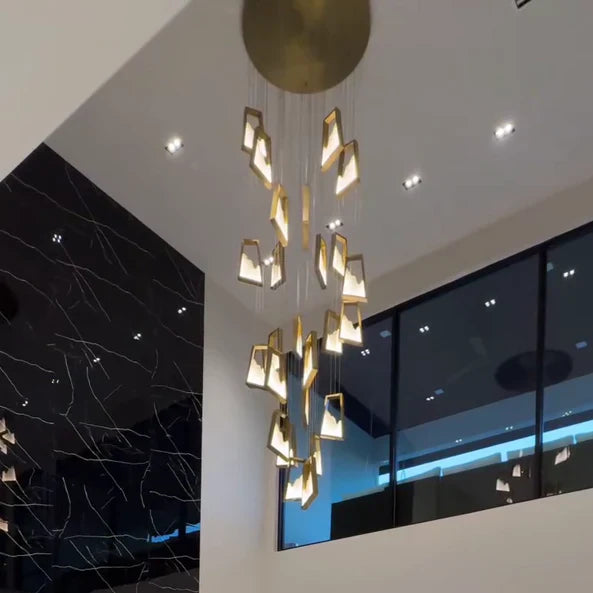 Modern Luxury Alabaster Chandelier with Golden Brass Frame, Organic Floating Design