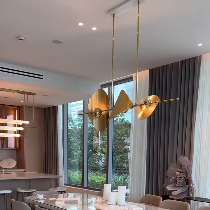 Minimalist Linear Brass Chandelier with High-Quality Finish for Dining Room and Kitchen Island