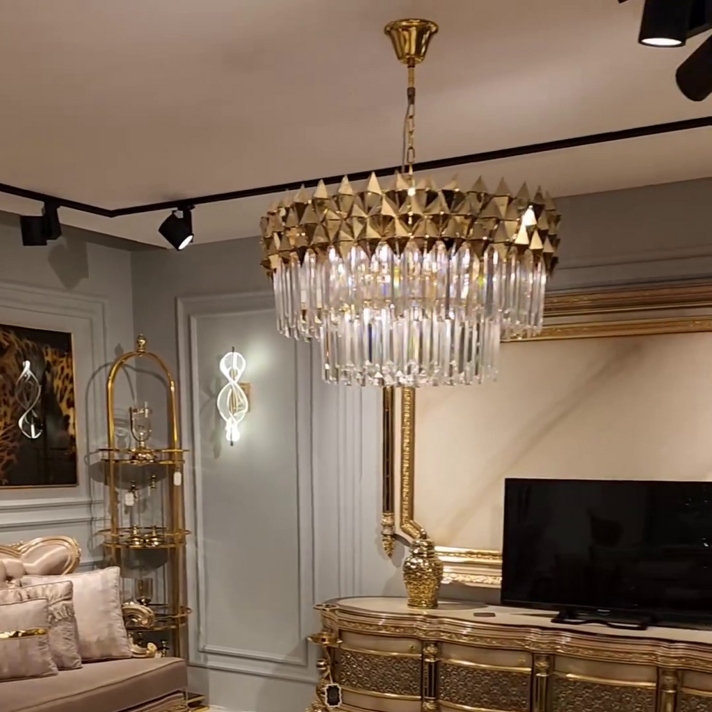 Luxury Crystal Chandelier with Gold Finish, Round or Rectangular Shape, Stainless Steel Quality for Living Room and Bedroom